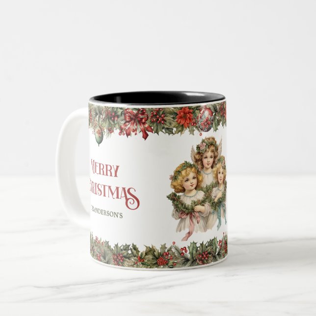 Little girls Christmas Victorian Angels with holly Two-Tone Coffee Mug (Front Left)