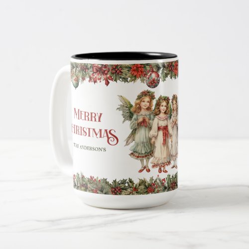 Little girls Christmas Victorian Angels with holly Two_Tone Coffee Mug