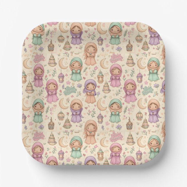 Little Girls Colourful Eid Mubarak Paper Plates (Front)