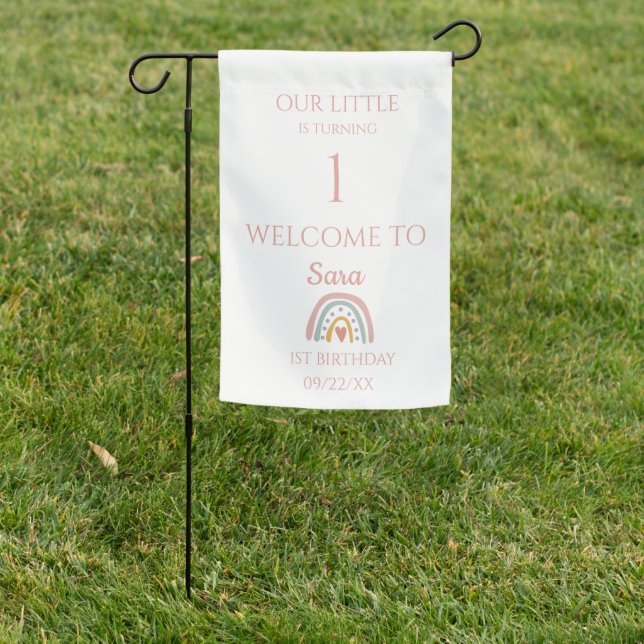 Little girl's first birthday garden flag (In SItu)