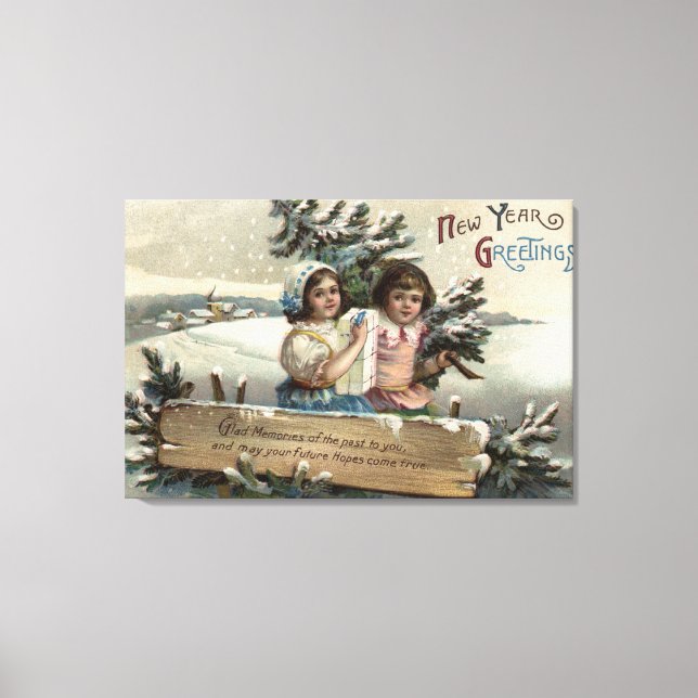 Little Girls Holding a Present and Tree Canvas Print (Front)