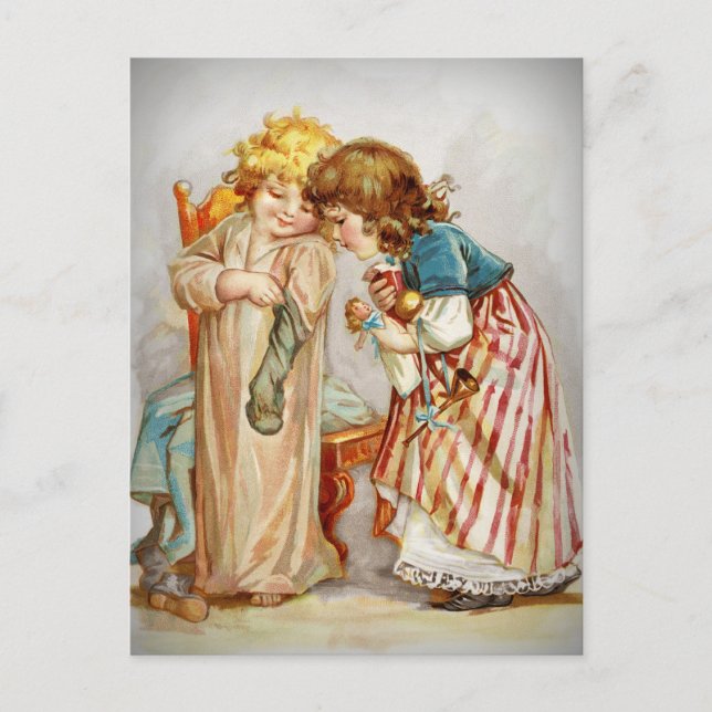 Little Girls Opening Stockings Postcard (Front)