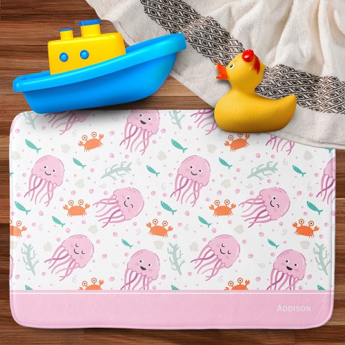 Little Girls Pink Ocean Jellyfish and Crab Pattern Bath Mat
