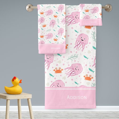 Little Girls Pink Ocean Jellyfish and Crab Pattern Bath Towel Set