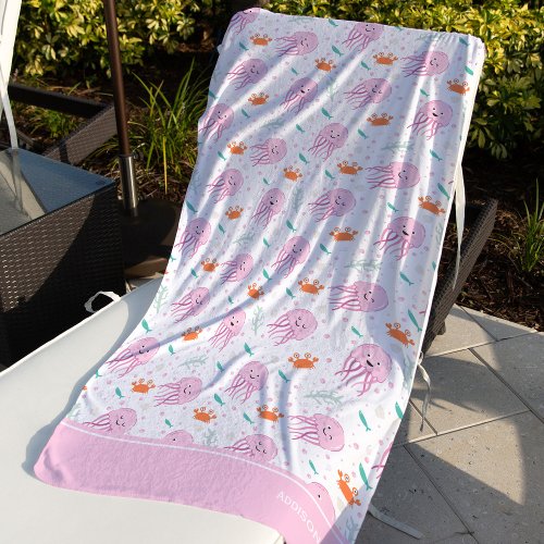 Little Girls Pink Ocean Jellyfish and Crab Pattern Beach Towel