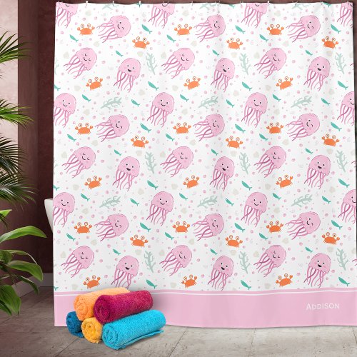 Little Girls Pink Ocean Jellyfish and Crab Pattern Shower Curtain