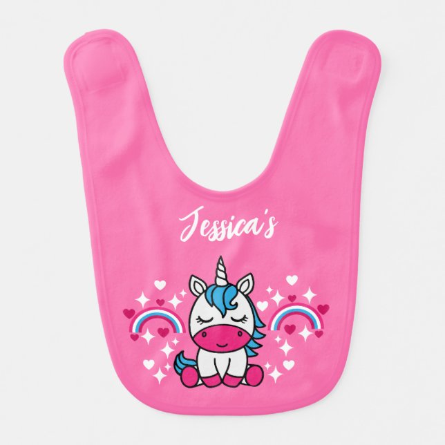 Little Girls Pink Rainbow Unicorn Baby Bib (Front)