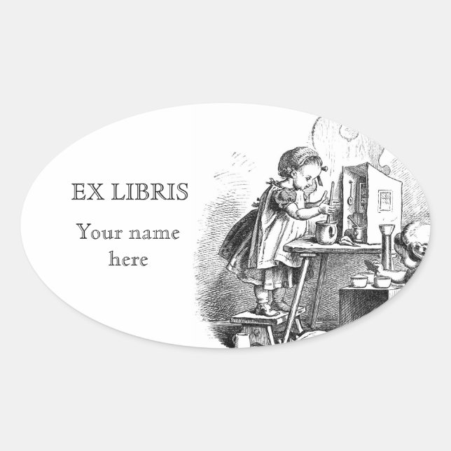 Little girls playing house etching ex libris oval sticker (Front)