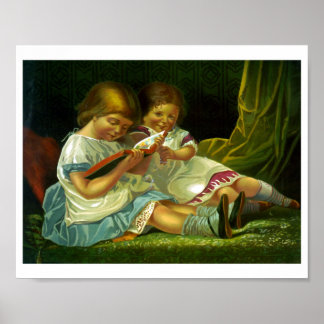 Little Girls Reading Vintage Illustration Poster