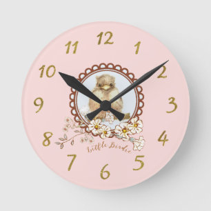 Little Girl's Room Baby Robin with Field Flowers Round Clock