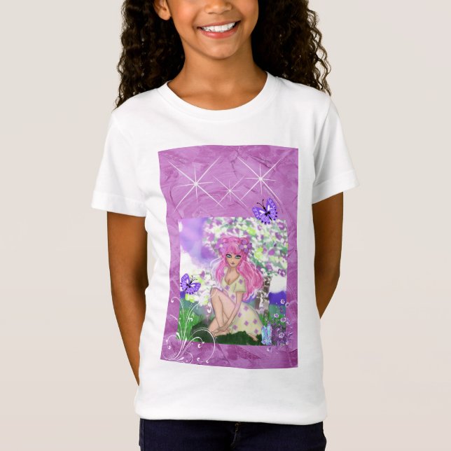 LIttle Girls Shirt with PInk Haired Young Girl Sit (Front)