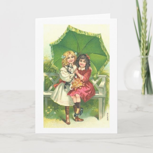 Little Girls Under Green Umbrella Holiday Card (Front)