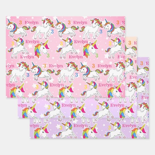 Little Girls Unicorn Birthday Name  Age 3 Wrapping Paper Sheets