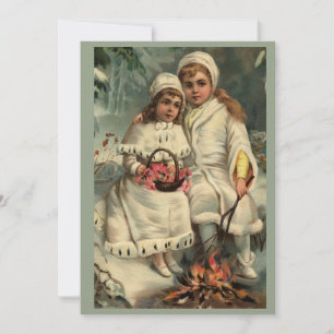 Little Girls Warming up by the Fire, Vintage Holiday Card