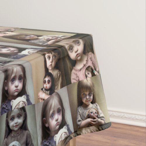 Little Girls with Creepy Antique Doll Halloween Tablecloth