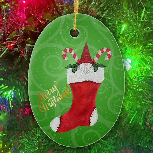 Little Gnome Candy Canes Merry Christmas Stocking Ceramic Ornament