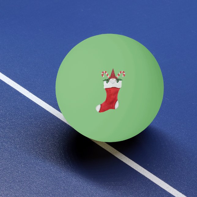 Little Gnome Candy Canes Red Christmas Stocking Ping Pong Ball (Cute gnome in Christmas stocking with holly leaves, candy canes on green ping pong ball.)