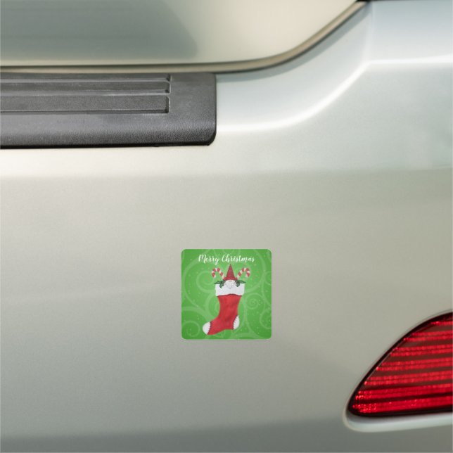 Little Gnome in Christmas Stocking Green Swirls Car Magnet (In Situ)