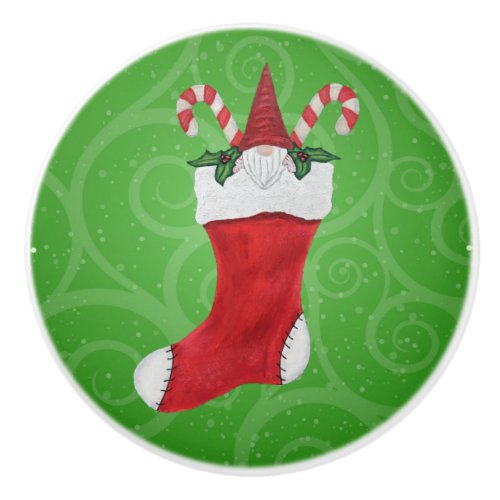 Little Gnome in Christmas Stocking Green Swirls Ceramic Knob
