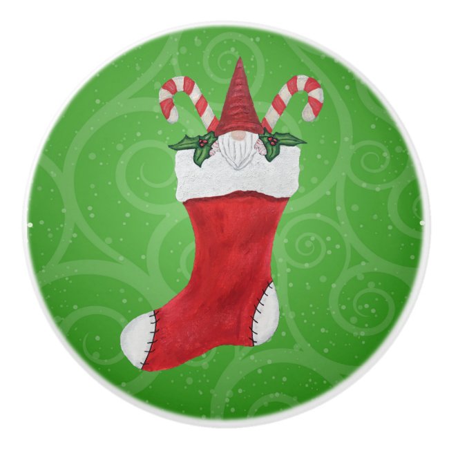 Little Gnome in Christmas Stocking Green Swirls