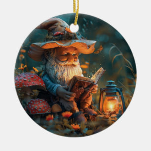 Little gnome reading a book ceramic ornament