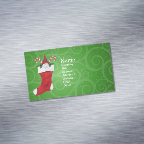 Little Gnome Red Hat In Christmas Stocking Green Business Card Magnet