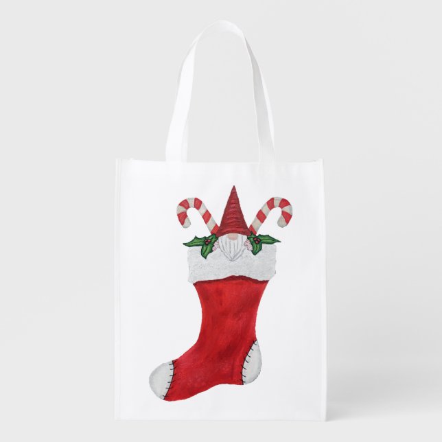 Little Gnome Red Hat in Christmas Stocking Holly Grocery Bag (Front)