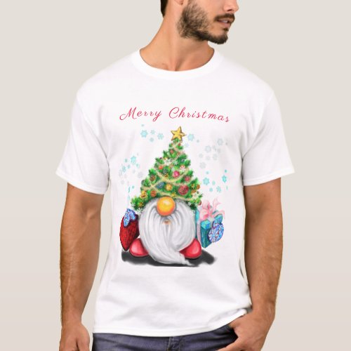 Little Gnome with Christmas Tree Hat and Gift T_Shirt