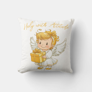 Little golden Angel with Gift Throw Pillow