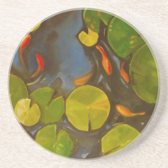 Little Goldfish Koi in Pond with Lily Pads Sandstone Coaster (Front)