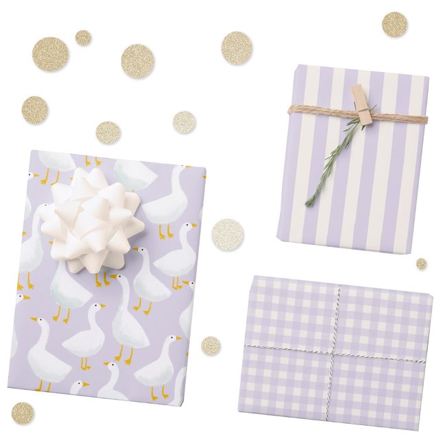 Little Goose Geese Lilac Purple Wrapping Paper Sheets (Little Goose geese stripe and gingham check pastel lilac purple gift wrapping paper sheets)
