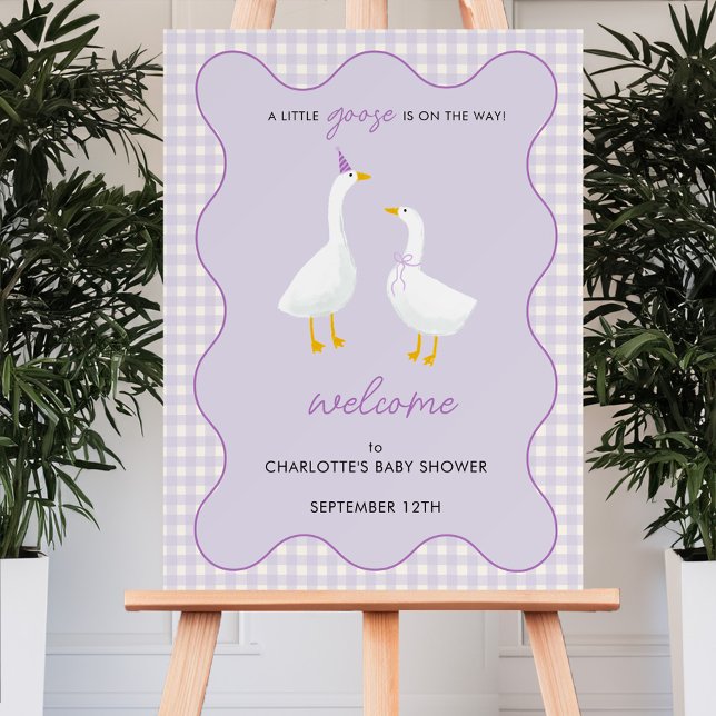 Little Goose Gingham Baby Shower Welcome Sign (A little goose is on the way geese themed pastel lilac baby shower welcome sign with custom text)