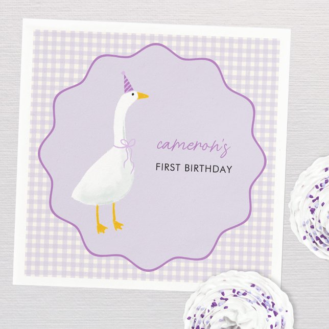 Little Goose Gingham First 1st Birthday Napkins (Personalized Little Goose lilac gingham first birthday party paper napkins)