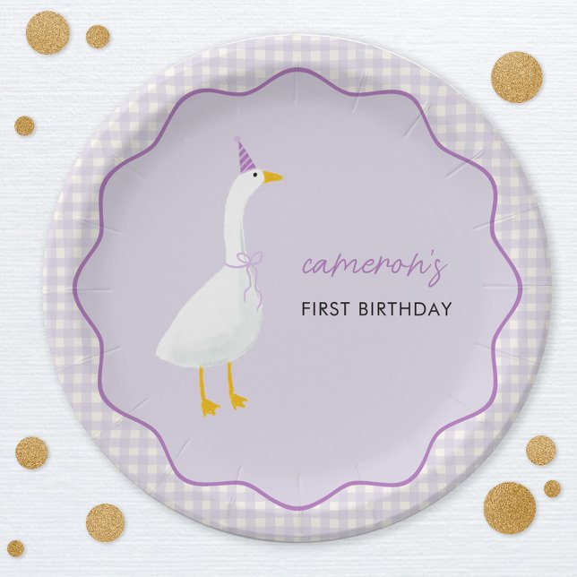 Little Goose Gingham First 1st Birthday Paper Plates (Little Goose personalized first birthday paper plates with wavy frame and lilac gingham check detail)