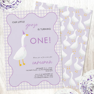 Little Goose Gingham First 1st Birthday Party Invitation