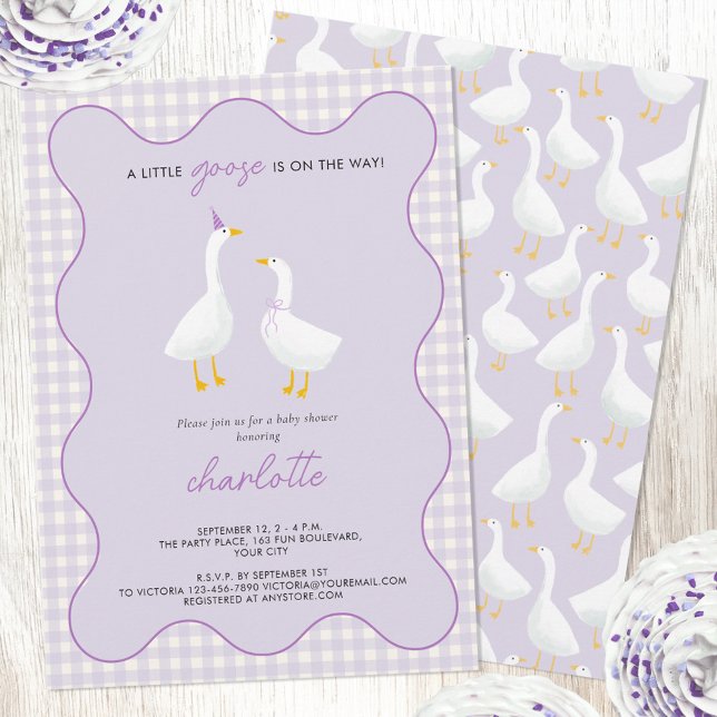 Little Goose Gingham Lilac Baby Shower Invitation (A little goose is on the way geese themed pastel lilac purple baby shower invitation)