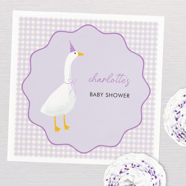 Little Goose Lilac Gingham Baby Shower Napkins (Little Goose geese themed personalized custom name baby shower party paper napkin pastel lilac)