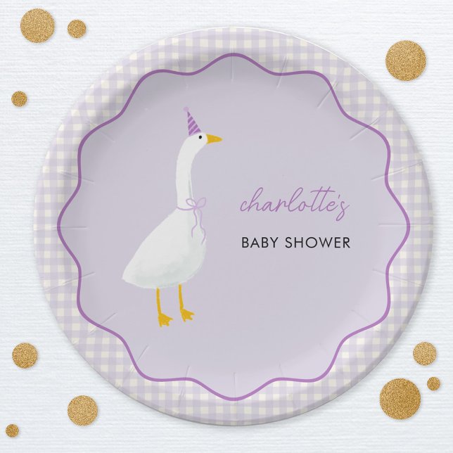 Little Goose Lilac Gingham Baby Shower Paper Plates (Little Goose geese themed personalized baby shower paper plates with lilac pastel gingham)