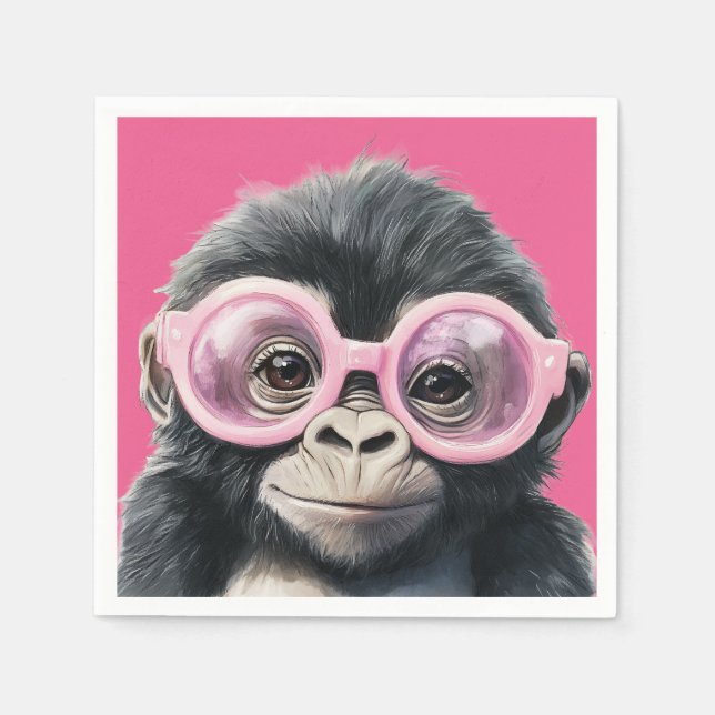 Little Gorilla with Pink Glasses - Pink Background Napkins (Front)
