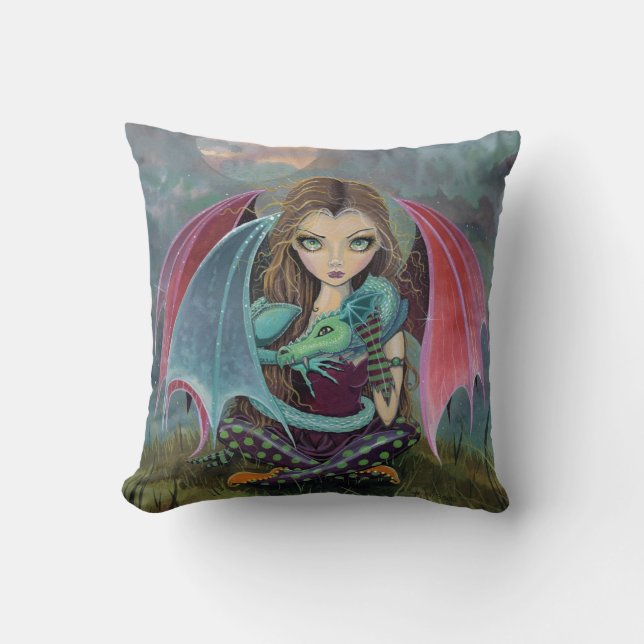 Little Gothic Fairy and Dragon Fantasy Art Pillow (Front)