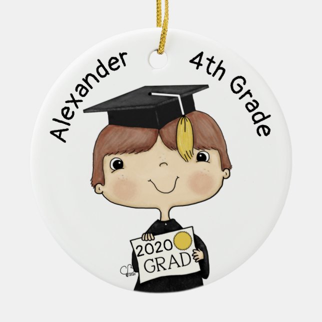 Little Graduate Boy Brown Hair Ceramic Ornament (Front)