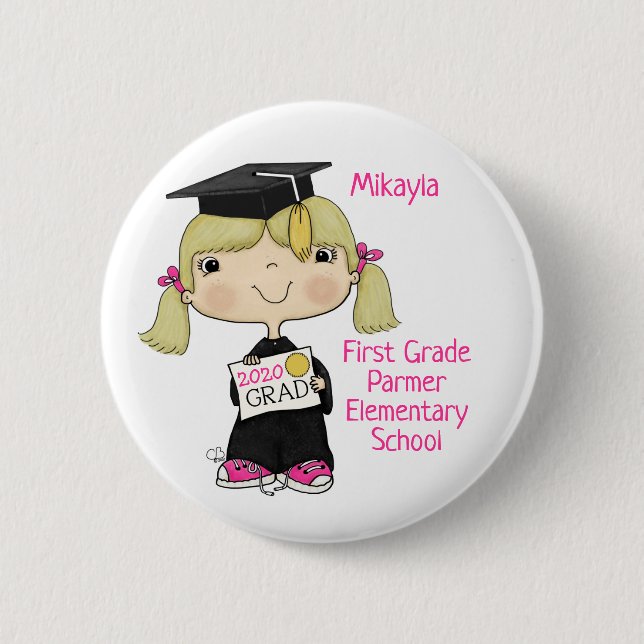 Little Graduate Girl Blond Hair Button (Front)