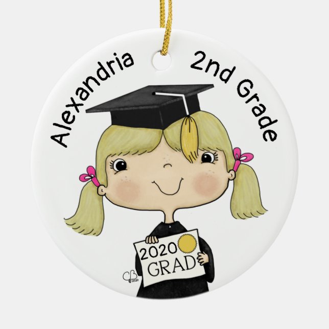 Little Graduate Girl Blond Hair Ceramic Ornament (Front)
