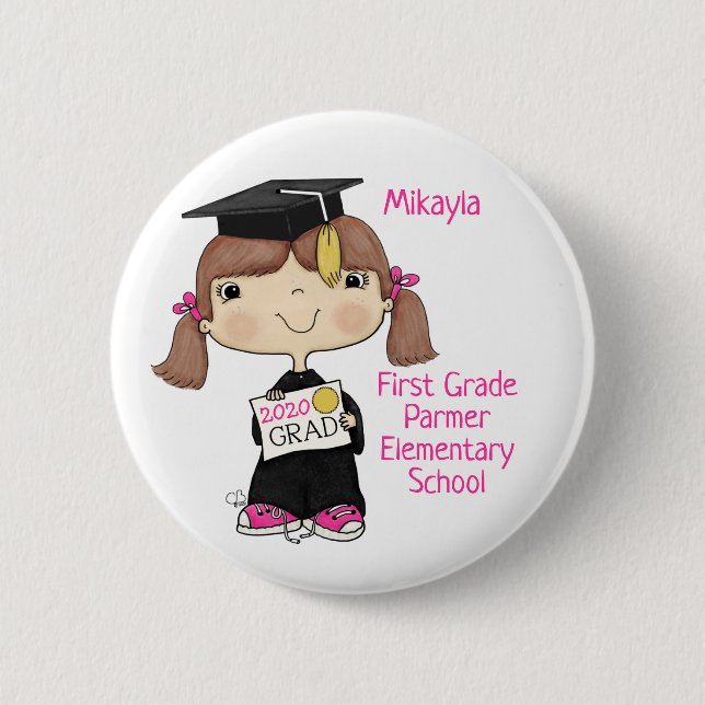 Little Graduate Girl Brown Hair Button (Front)