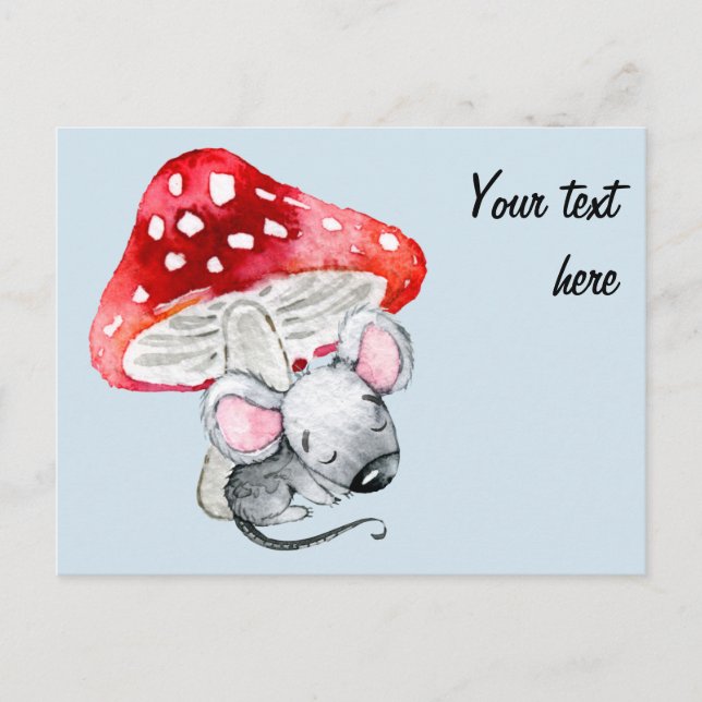 Little Gray Sleeping Mouse Under Red Mushroom Postcard (Front)