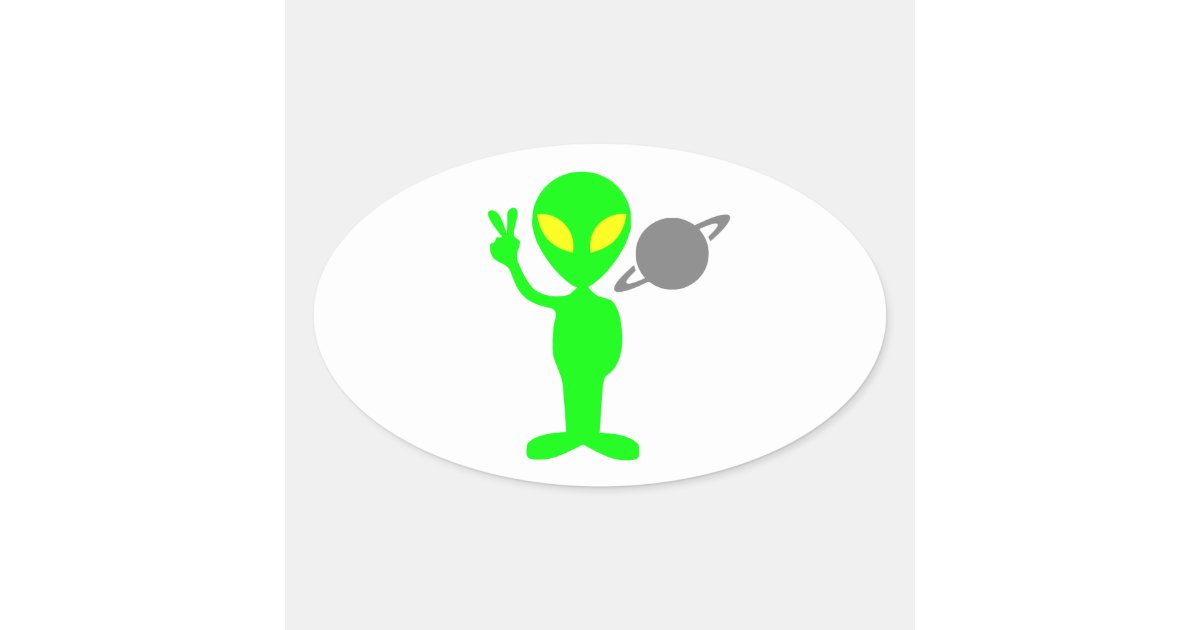 Little Green Alien Next To The Planet Saturn Oval Sticker Zazzle Com