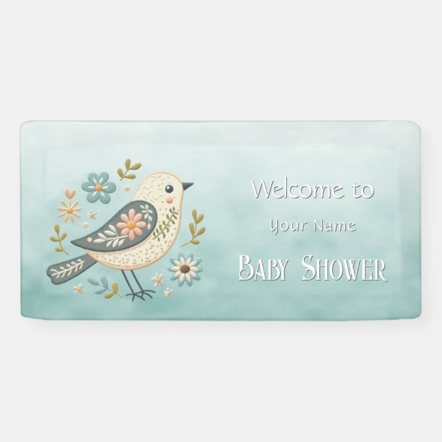 Little Green Bird Floral Baby Shower Banner (Horizontal)