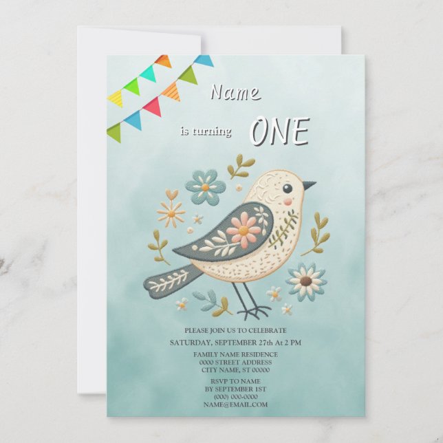 Little Green Bird Floral Birthday Party Invitation (Front)