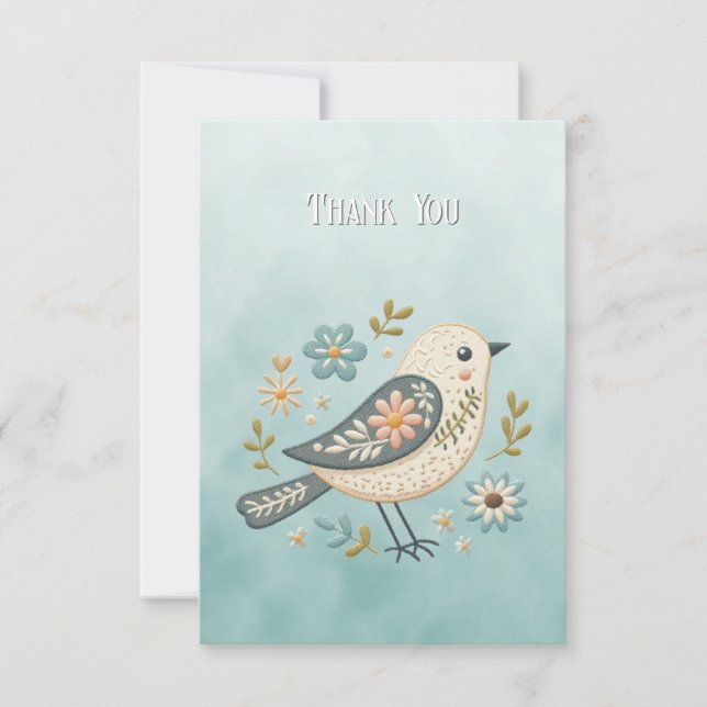 Little Green Bird Floral Thank You Card (Front)