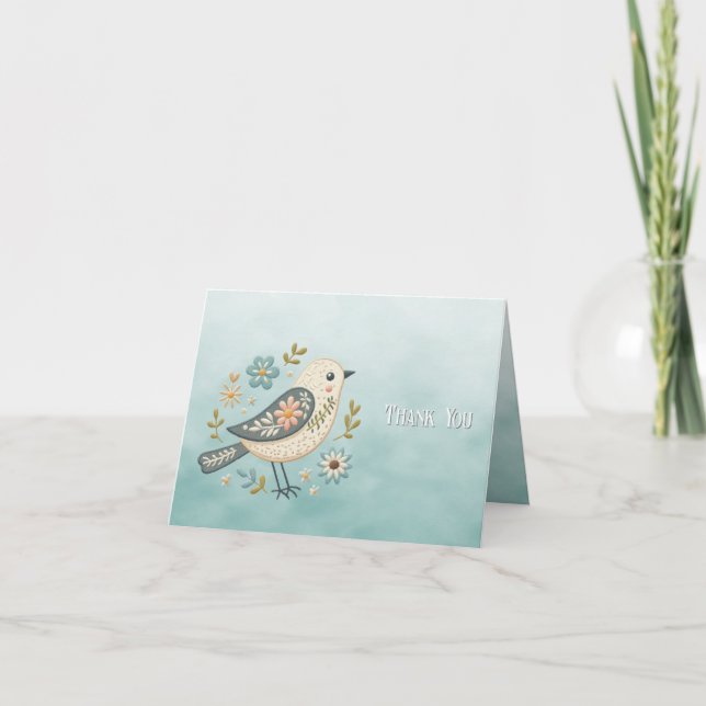 Little Green Bird Floral Thank You Card (Front)
